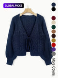 Women's Solid Loose-Fit Drop Shoulder Long Sleeve Cardigan, Ladies Knitting Tops, Minimalist Casual Tie Front V Neck Knitwear for Fall & Winter Piece