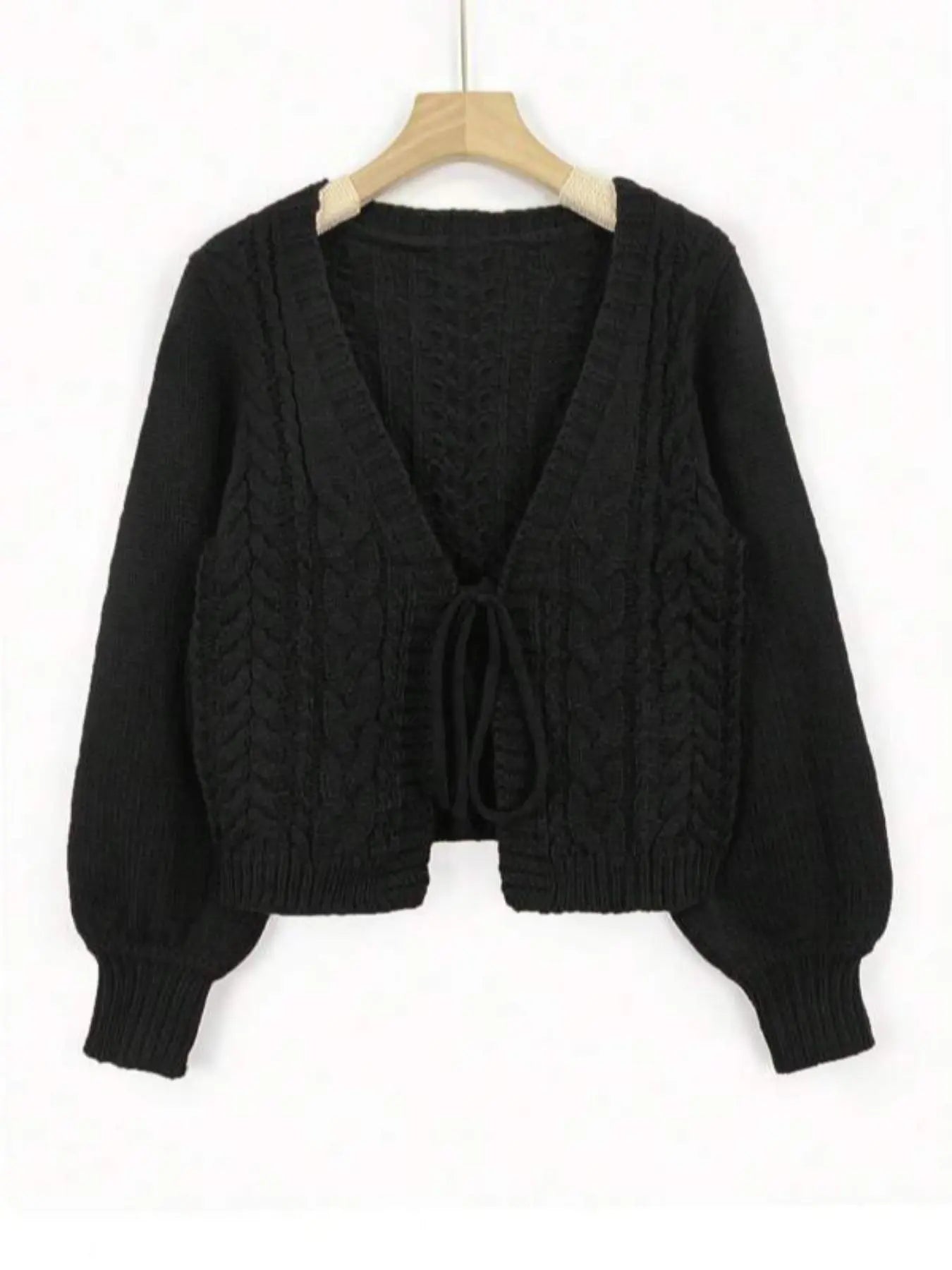 Women's Solid Loose-Fit Drop Shoulder Long Sleeve Cardigan, Ladies Knitting Tops, Minimalist Casual Tie Front V Neck Knitwear for Fall & Winter Piece