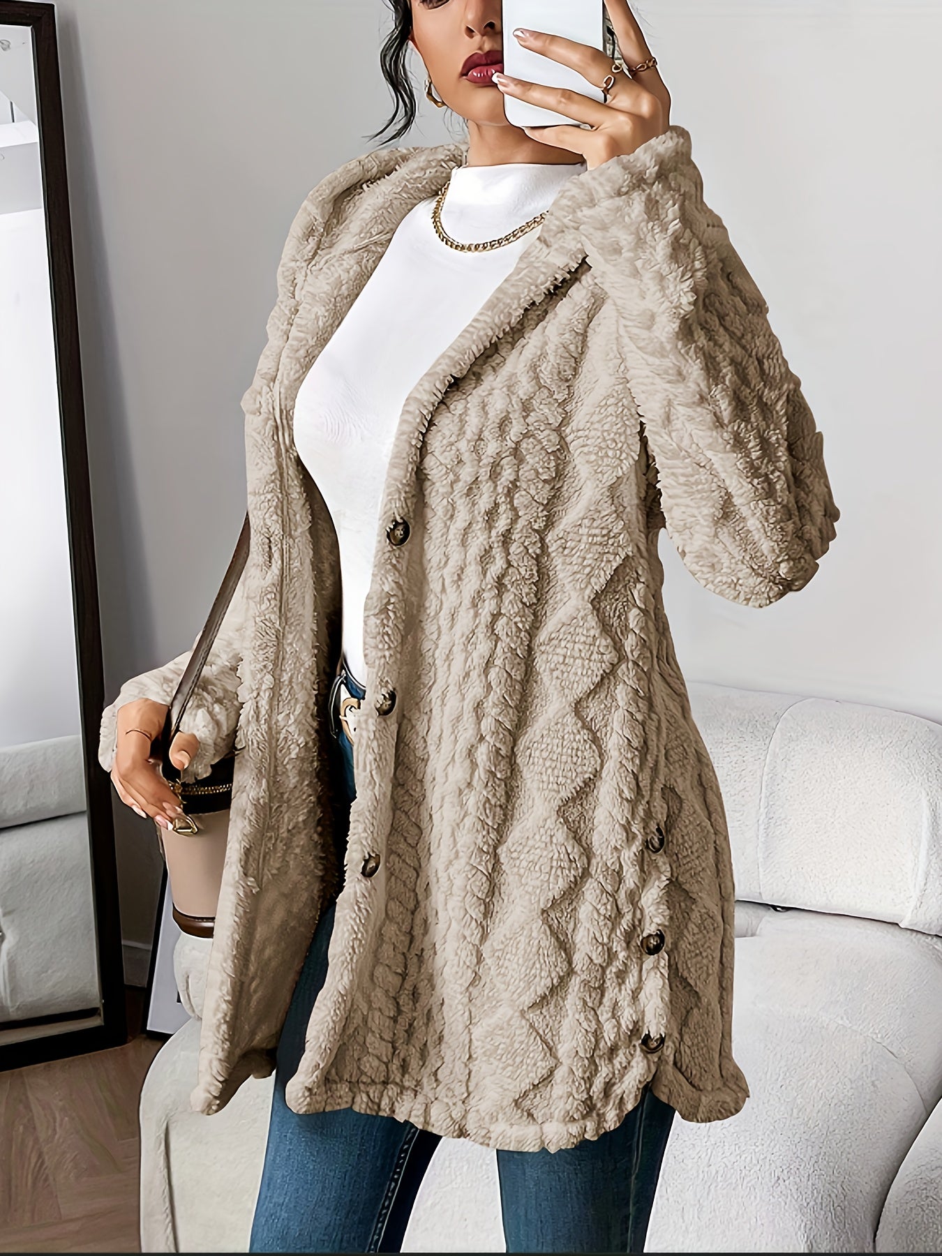 Jacquard Plush Hooded Cardigan