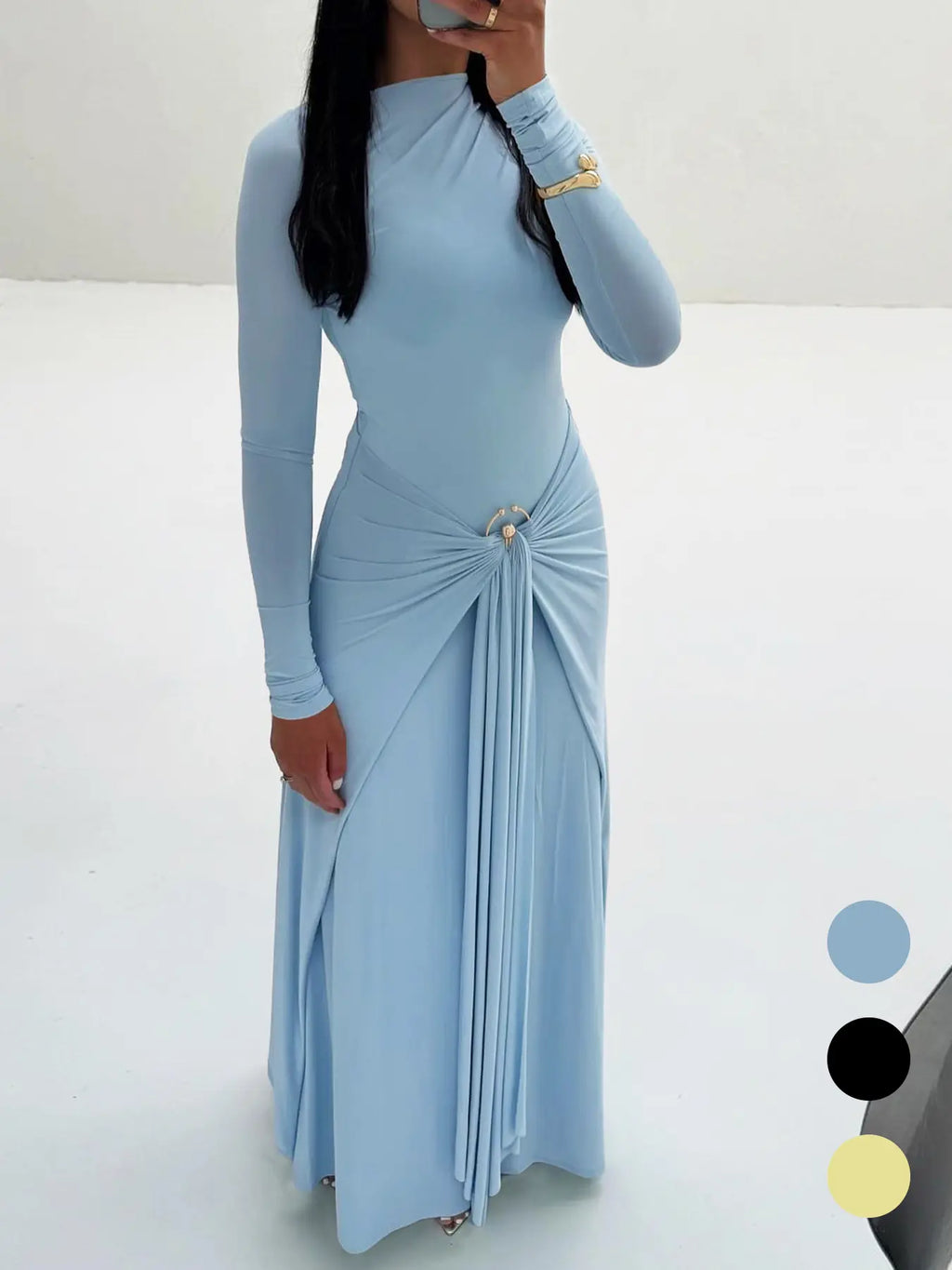 Ring-Buckle Long-Sleeve Maxi Dress