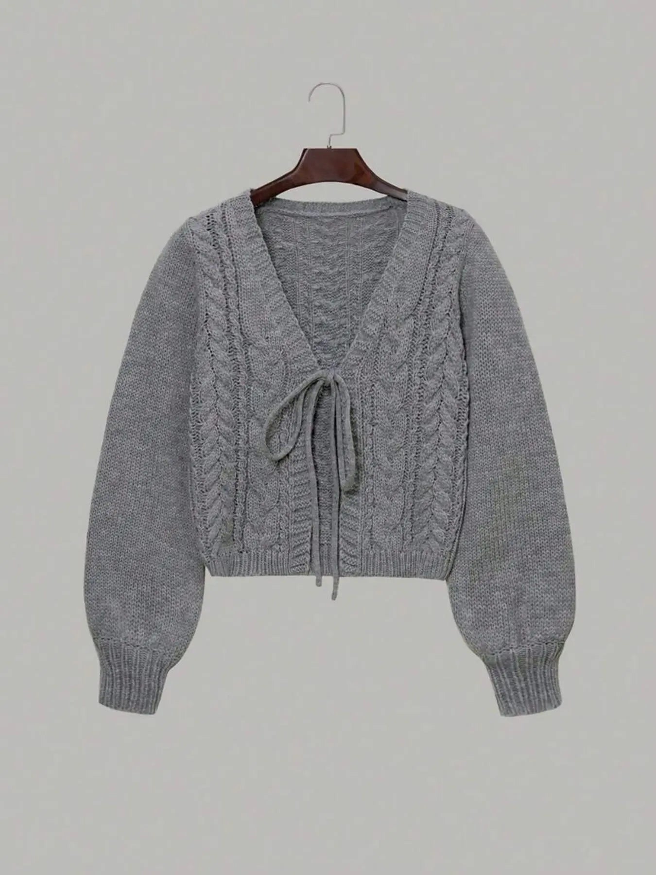 Women's Solid Loose-Fit Drop Shoulder Long Sleeve Cardigan, Ladies Knitting Tops, Minimalist Casual Tie Front V Neck Knitwear for Fall & Winter Piece
