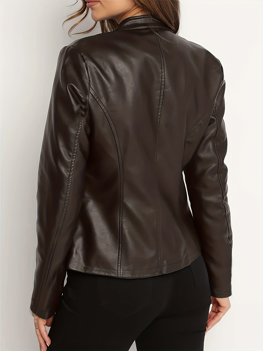 Women's Elegant PU Jacket - 2025 New Style Women's Jacket Outerwear - Full Zip Long Sleeve Motorcycle Biker Jacket for Women, Spring, Autumn, Winter Outerwear, Suitable for Casual and Formal Wear, Durable, Structured Fit, Stand Collar
