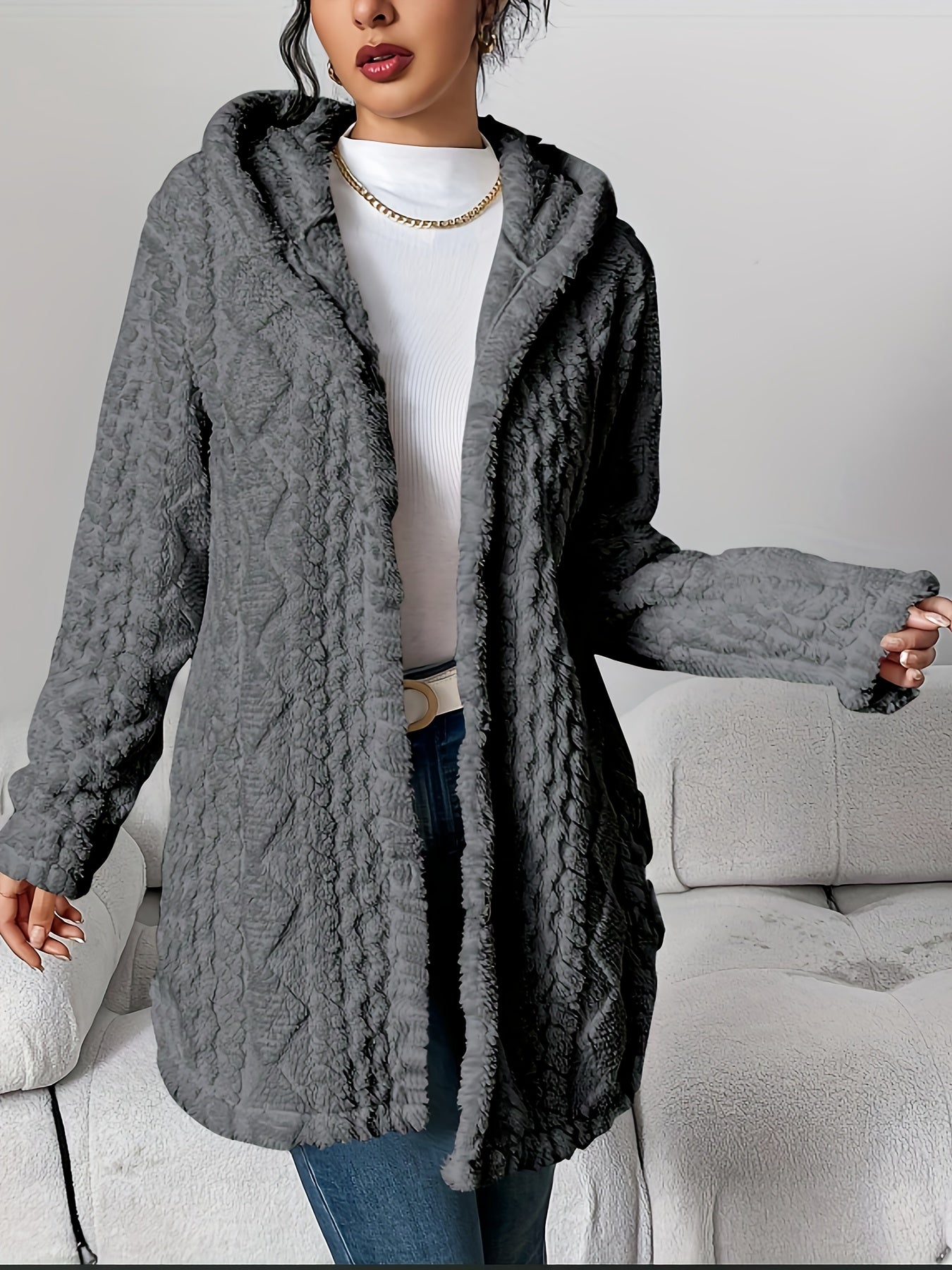 Jacquard Plush Hooded Cardigan