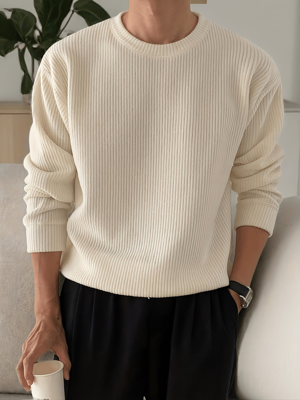 Ribbed Crew-Neck Knit Sweater
