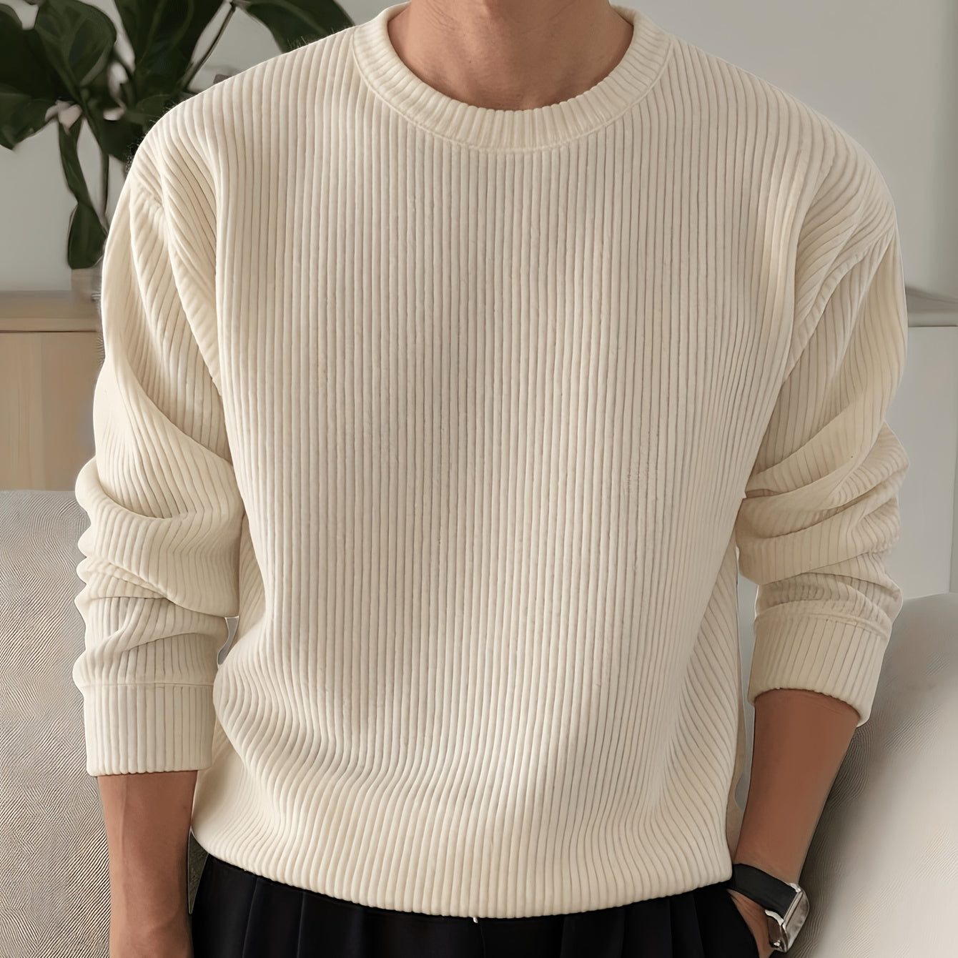 Ribbed Crew-Neck Knit Sweater
