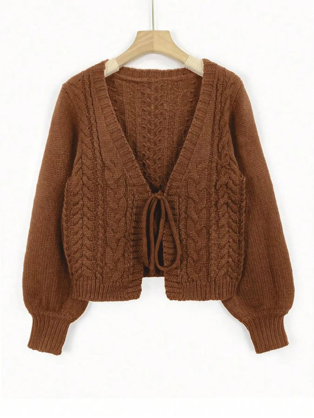 Women's Solid Loose-Fit Drop Shoulder Long Sleeve Cardigan, Ladies Knitting Tops, Minimalist Casual Tie Front V Neck Knitwear for Fall & Winter Piece