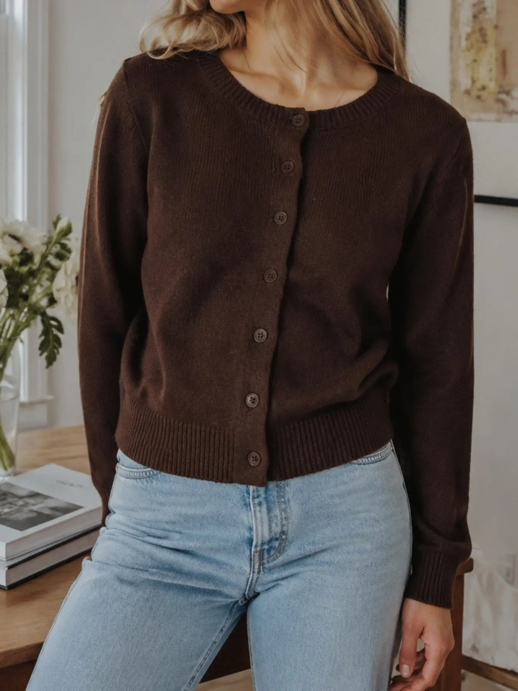 Women's Plain Button Front Cardigan, Casual Long Sleeve Round Neck Knitwear for Fall & Winter, Fashion Women's Knit Clothing for Daily Wear, Fit, 2025 Trend, Spring Clothes