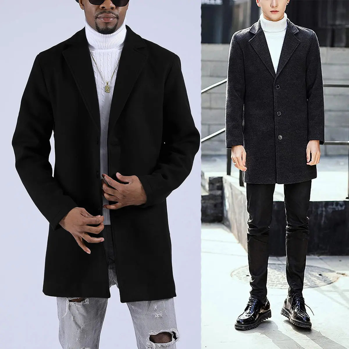 Kingapril Men's Classic Wool Blend Pea Coat, Single-Breasted Winter Overcoat with Notched Collar and Pockets, Menswear, Tops, Long Sleeve