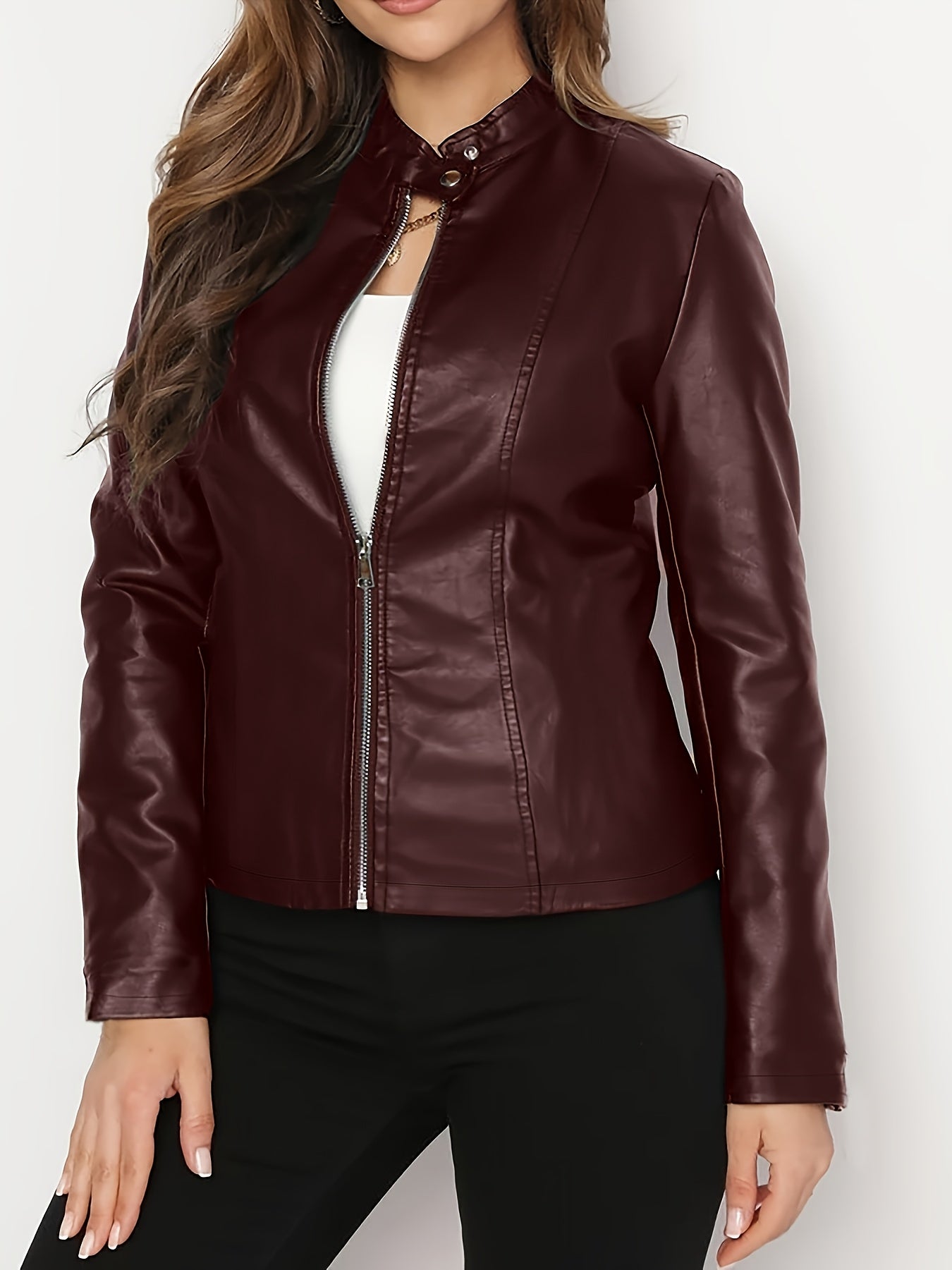 Women's Elegant PU Jacket - 2025 New Style Women's Jacket Outerwear - Full Zip Long Sleeve Motorcycle Biker Jacket for Women, Spring, Autumn, Winter Outerwear, Suitable for Casual and Formal Wear, Durable, Structured Fit, Stand Collar