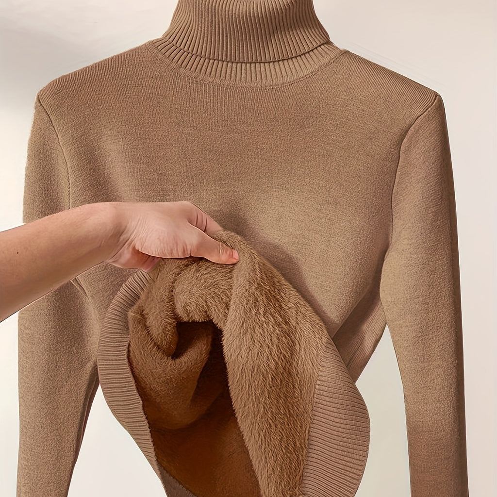 Solid Color High-Neck Sweater Sweater Suitable for Fall/Winter - Soft Medium-Stretch Tunic Pullover, Casual Warm Blouse Style Sweater for Office, Layering & Casual Attire (Hand Wash/Dry)