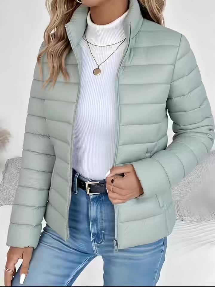Women's Spring Slim-Fit Lightweight Warm Solid Color Jacket - Elegant, Stylish, and Versatile Beautiful Jacket - Stand Collar Zipper Long Sleeve - Casual Padded Polyester Fiber Cropped Coat - Seasonal Transition Jacket - High-Quality Classic Popular