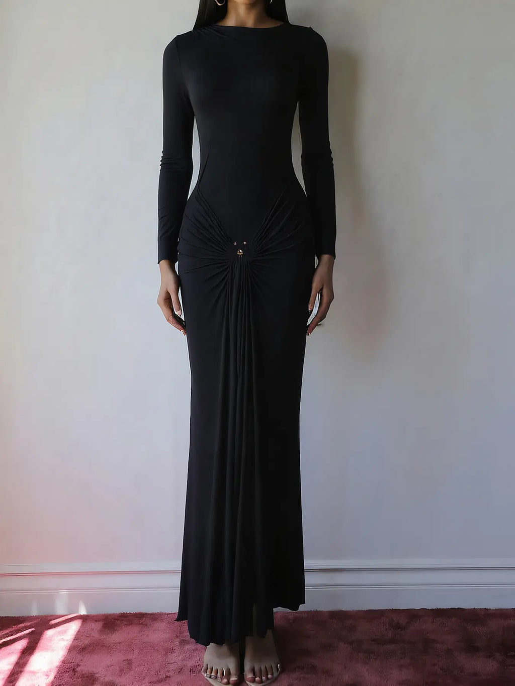 Ring-Buckle Long-Sleeve Maxi Dress