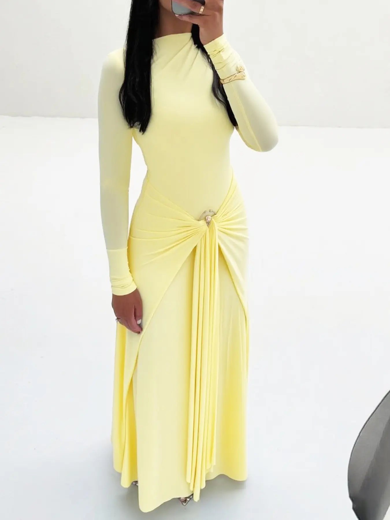 Ring-Buckle Long-Sleeve Maxi Dress
