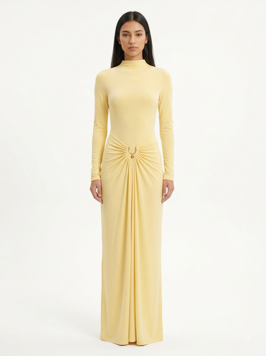 Ring-Buckle Long-Sleeve Maxi Dress