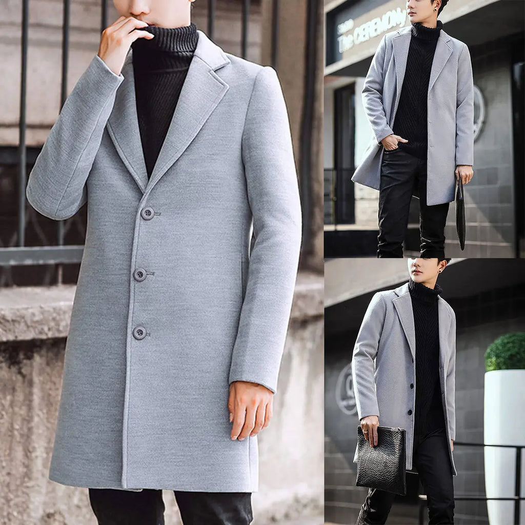 Kingapril Men's Classic Wool Blend Pea Coat, Single-Breasted Winter Overcoat with Notched Collar and Pockets, Menswear, Tops, Long Sleeve