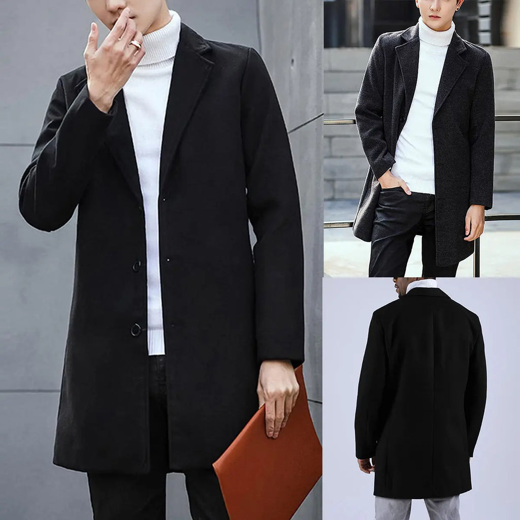 Kingapril Men's Classic Wool Blend Pea Coat, Single-Breasted Winter Overcoat with Notched Collar and Pockets, Menswear, Tops, Long Sleeve