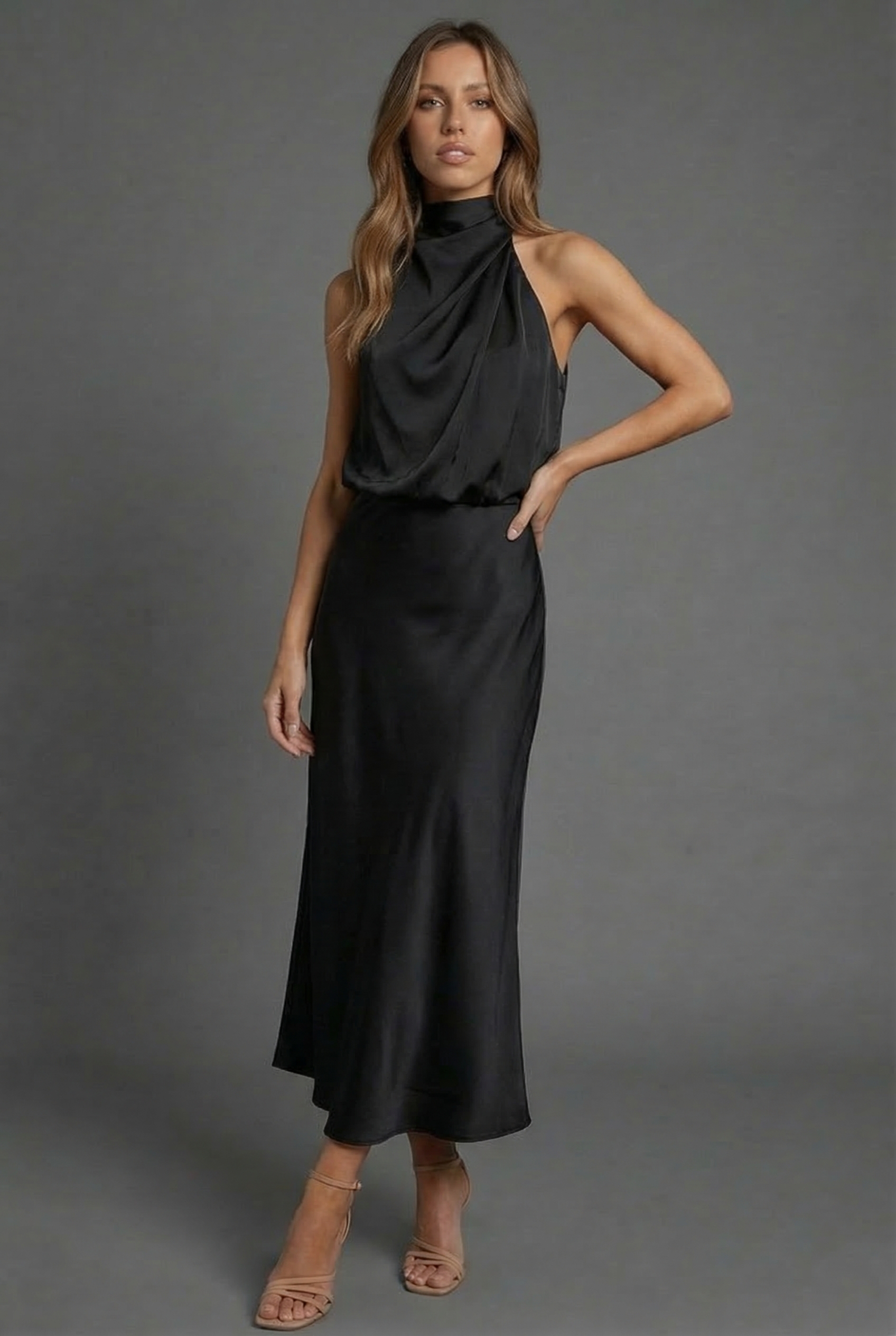 Halterneck Satin Midi Dress
