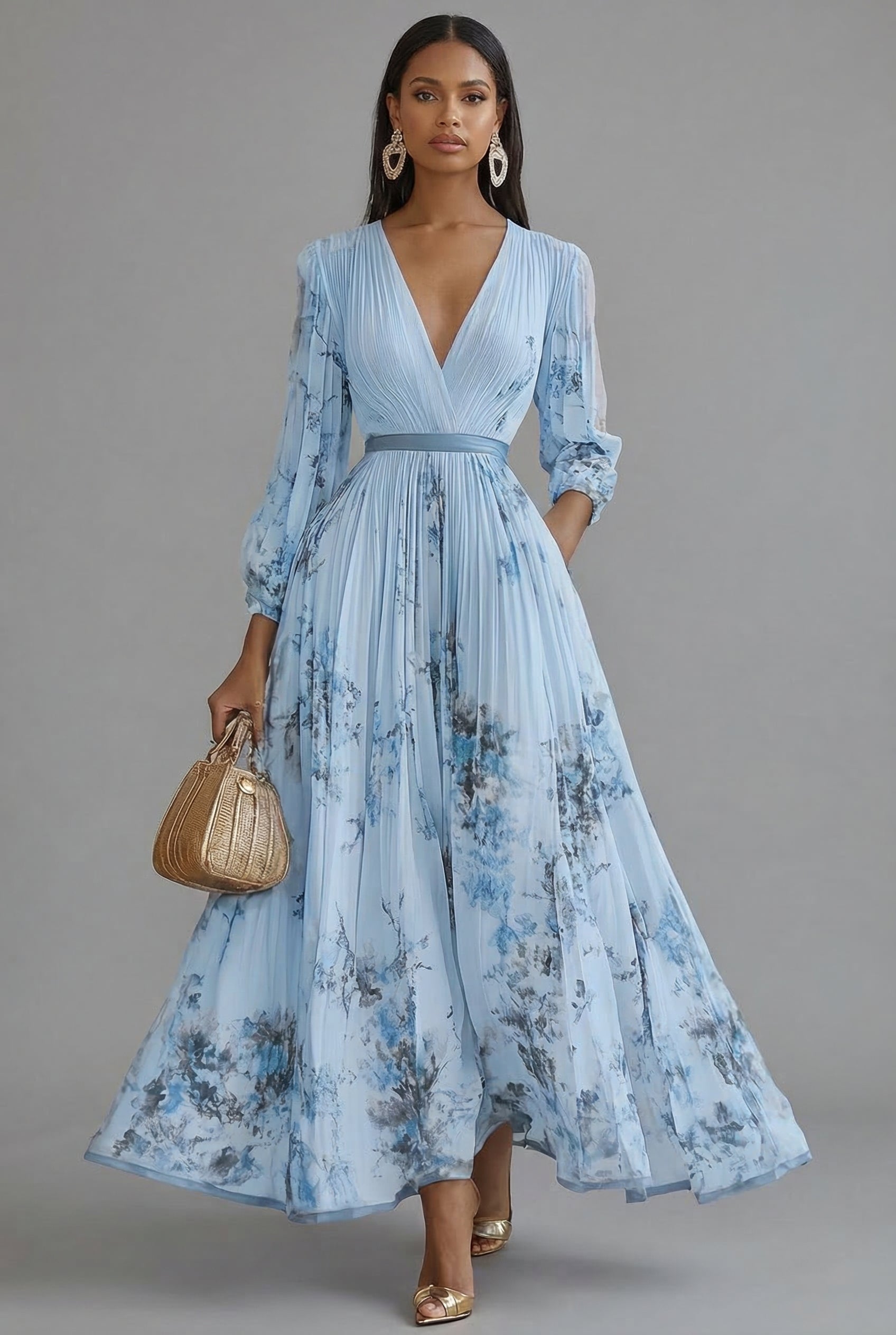 Floral V-Neck Long-Sleeve Maxi Dress