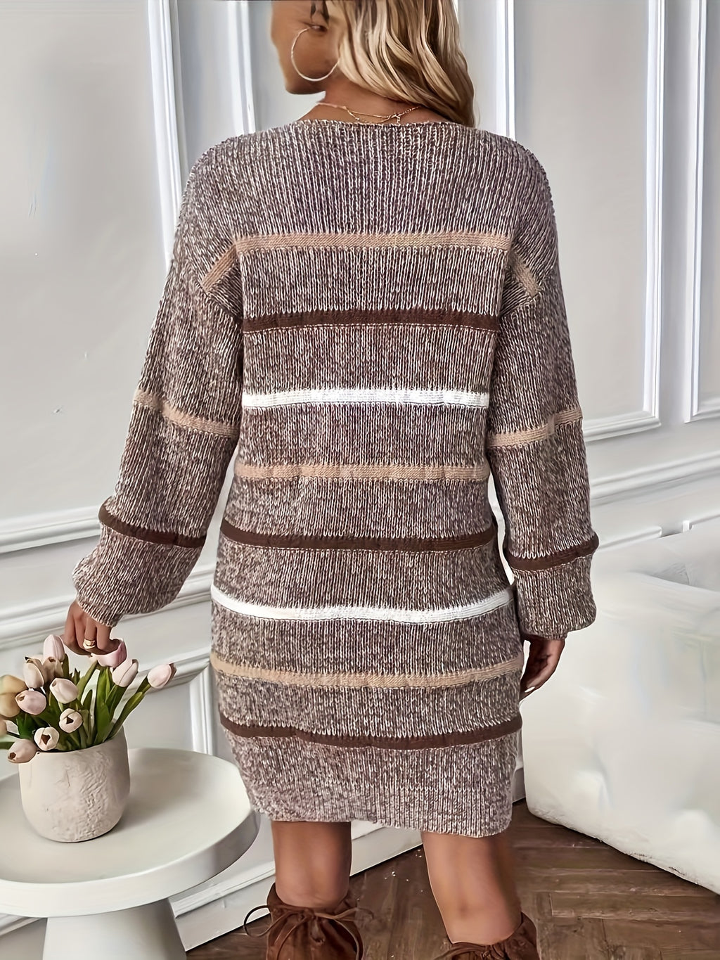 Striped Lantern-Sleeve A-Line Dress