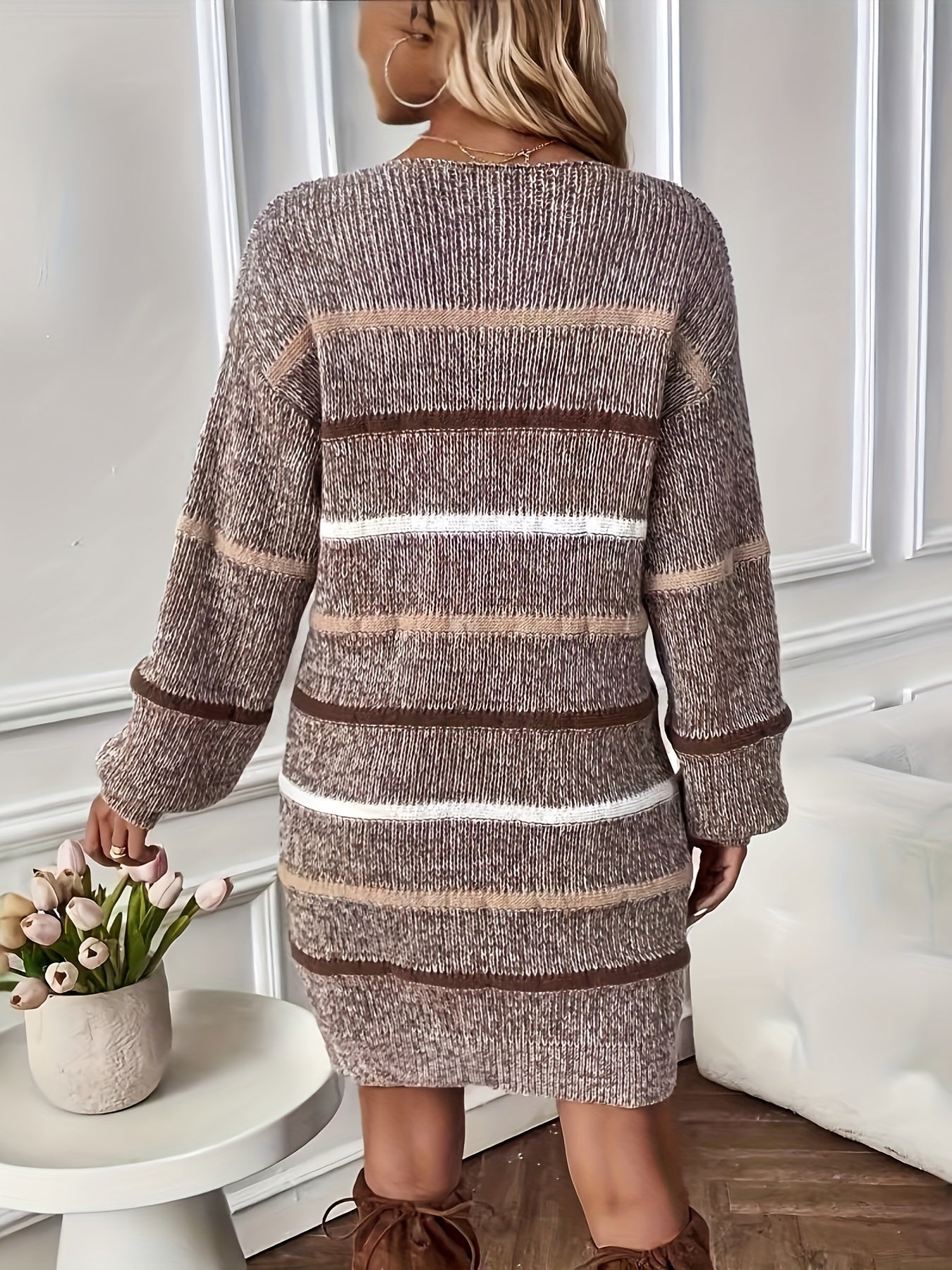 Striped Lantern-Sleeve A-Line Dress