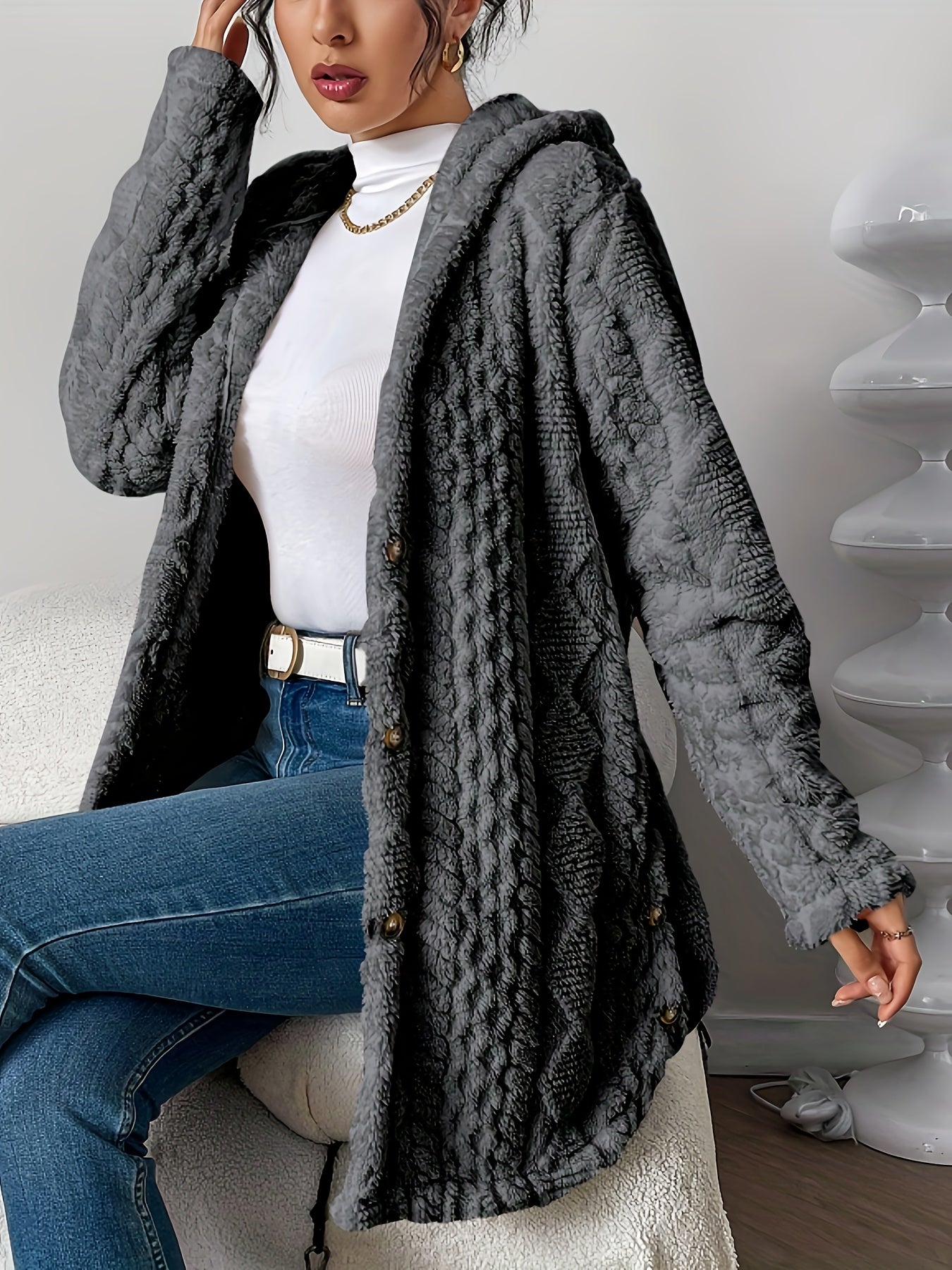 Jacquard Plush Hooded Cardigan
