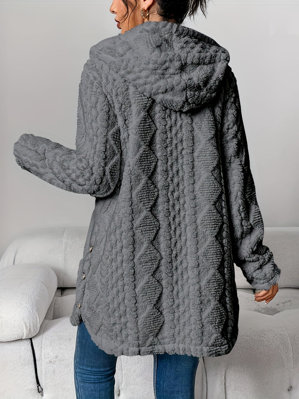 Jacquard Plush Hooded Cardigan