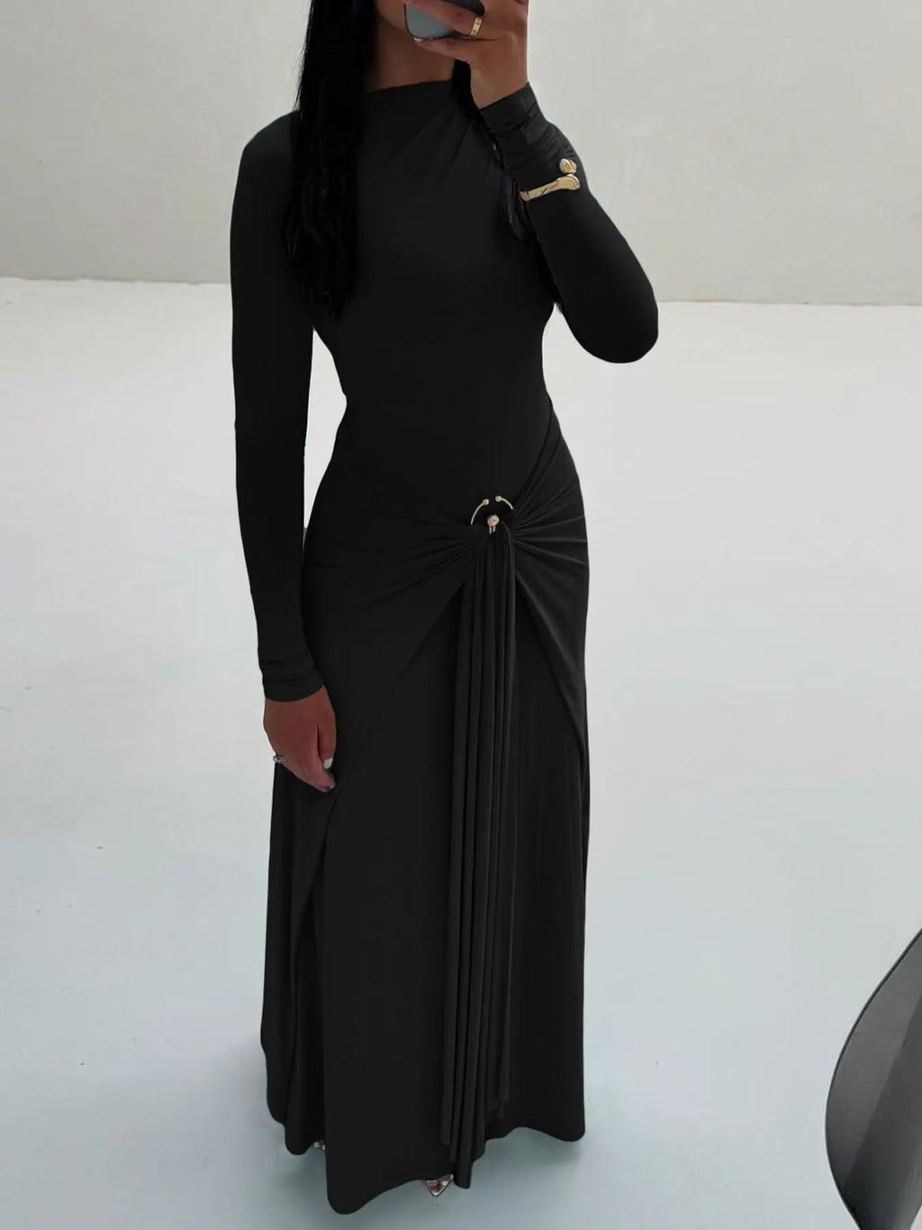 Ring-Buckle Long-Sleeve Maxi Dress