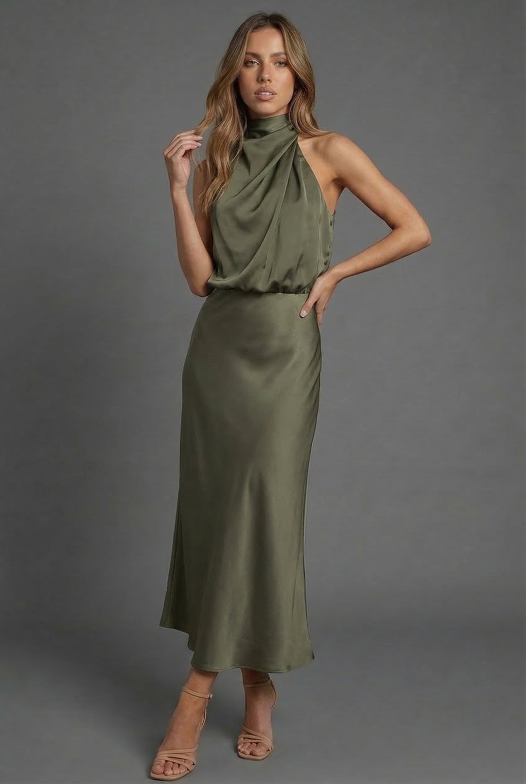 Halterneck Satin Midi Dress