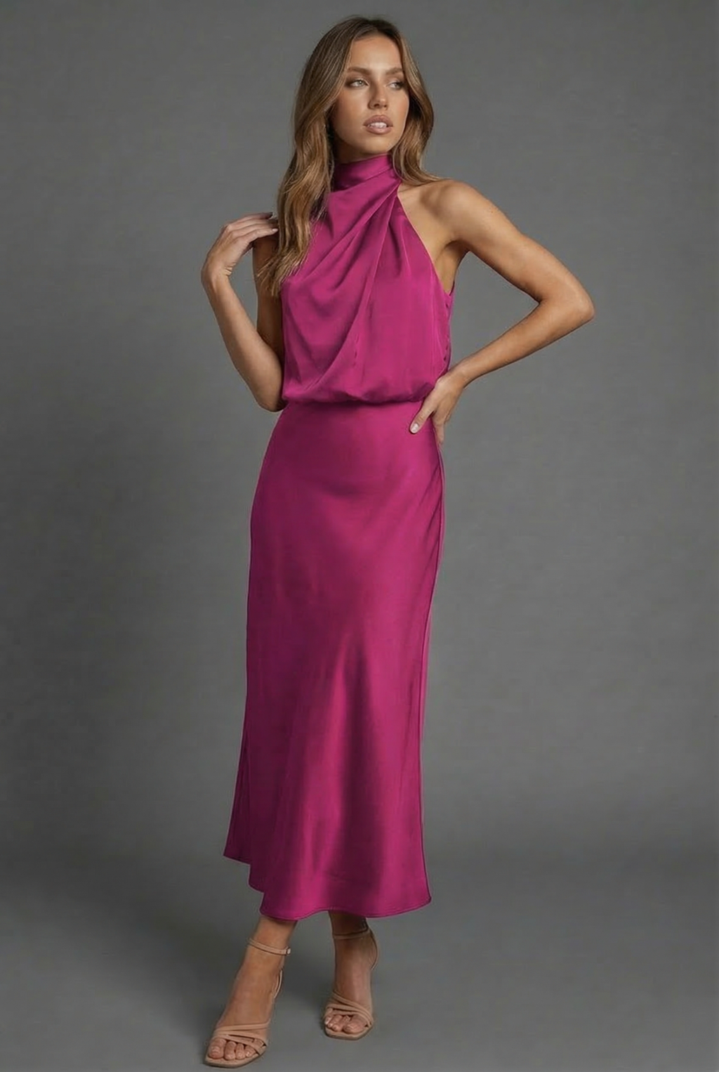 Halterneck Satin Midi Dress