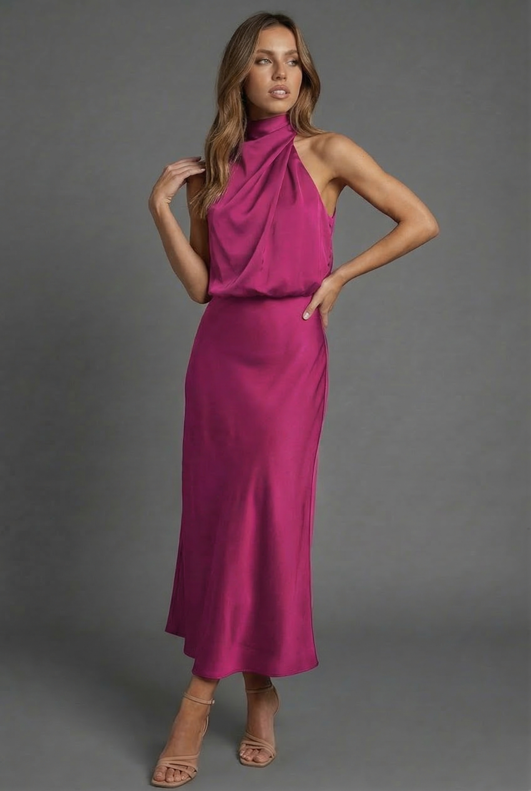 Halterneck Satin Midi Dress