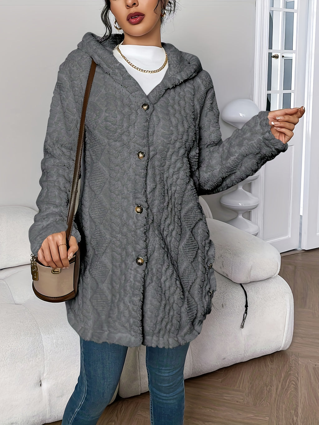 Jacquard Plush Hooded Cardigan