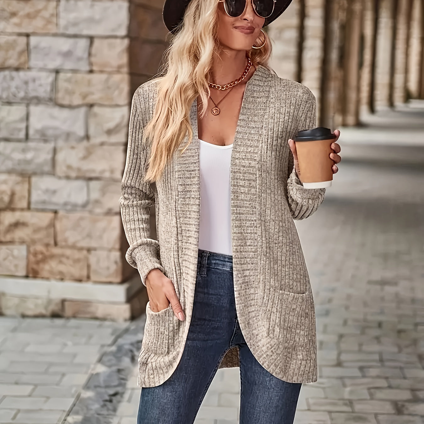 Ribbed Patch-Pocket Long-Sleeve Top