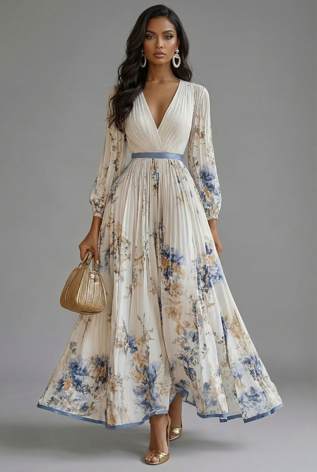 Floral V-Neck Long-Sleeve Maxi Dress