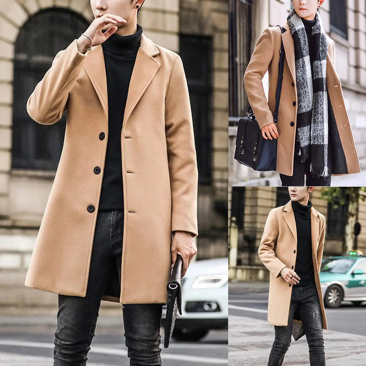 Kingapril Men's Classic Wool Blend Pea Coat, Single-Breasted Winter Overcoat with Notched Collar and Pockets, Menswear, Tops, Long Sleeve