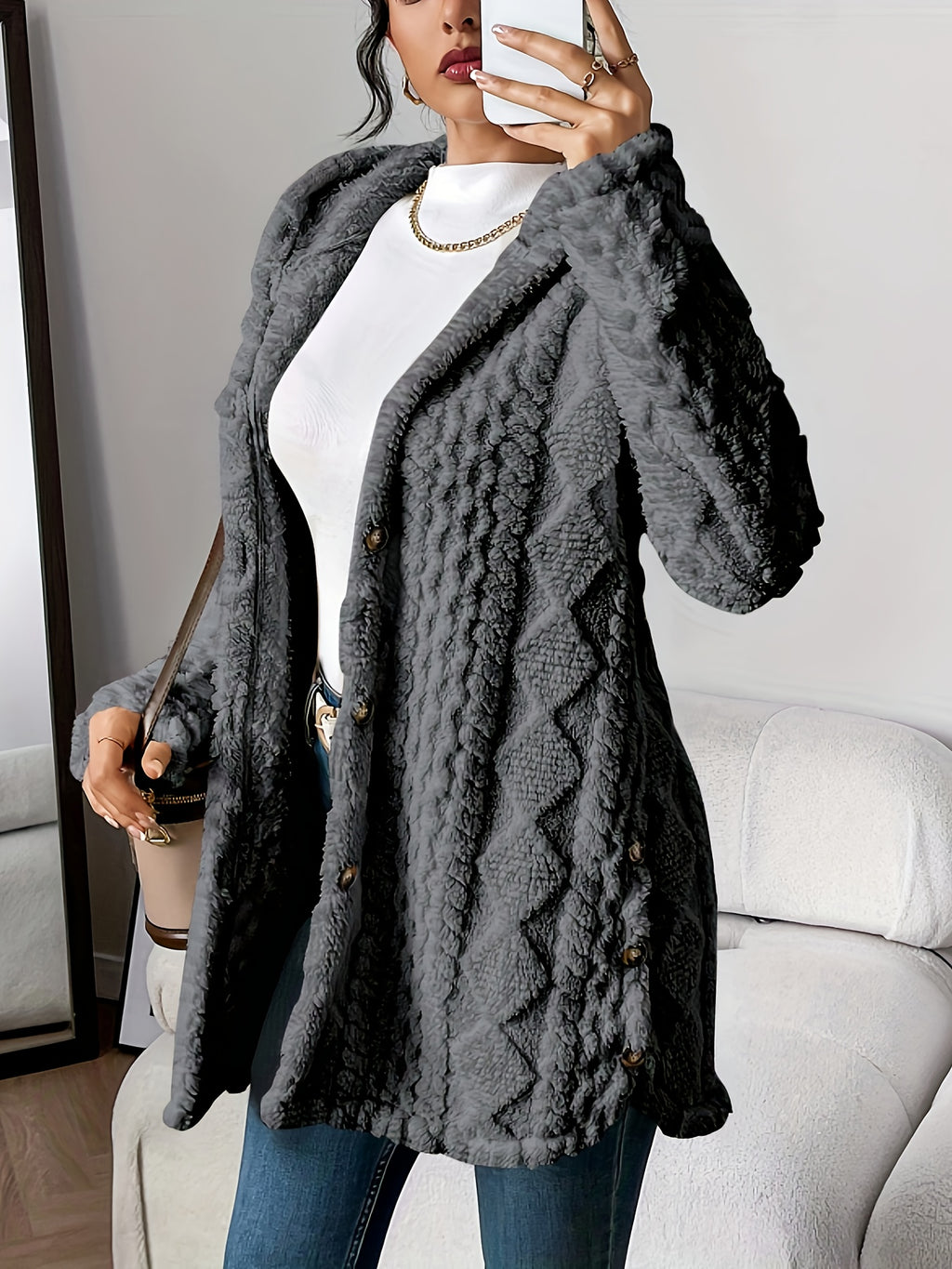 Jacquard Plush Hooded Cardigan