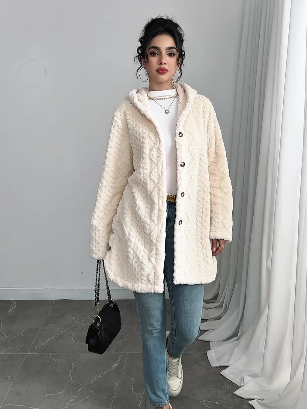 Jacquard Plush Hooded Cardigan