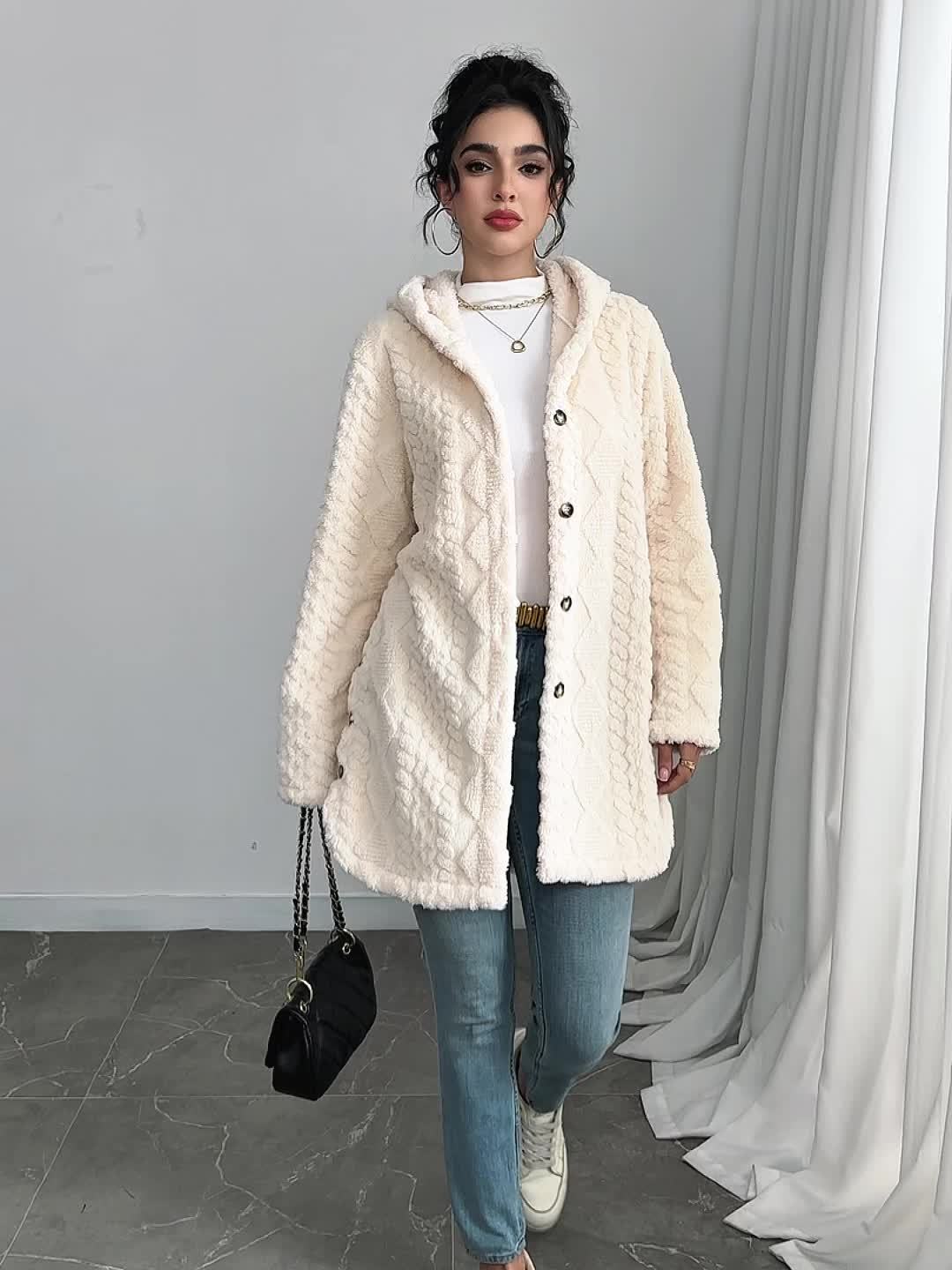 Jacquard Plush Hooded Cardigan