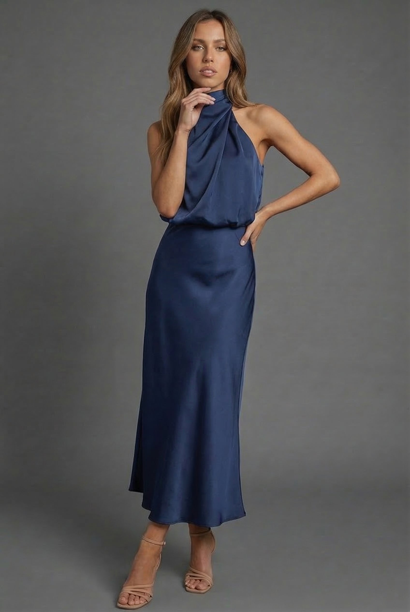 Halterneck Satin Midi Dress