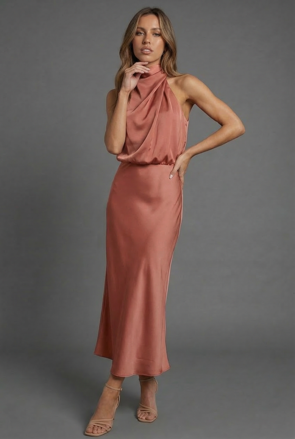 Halterneck Satin Midi Dress