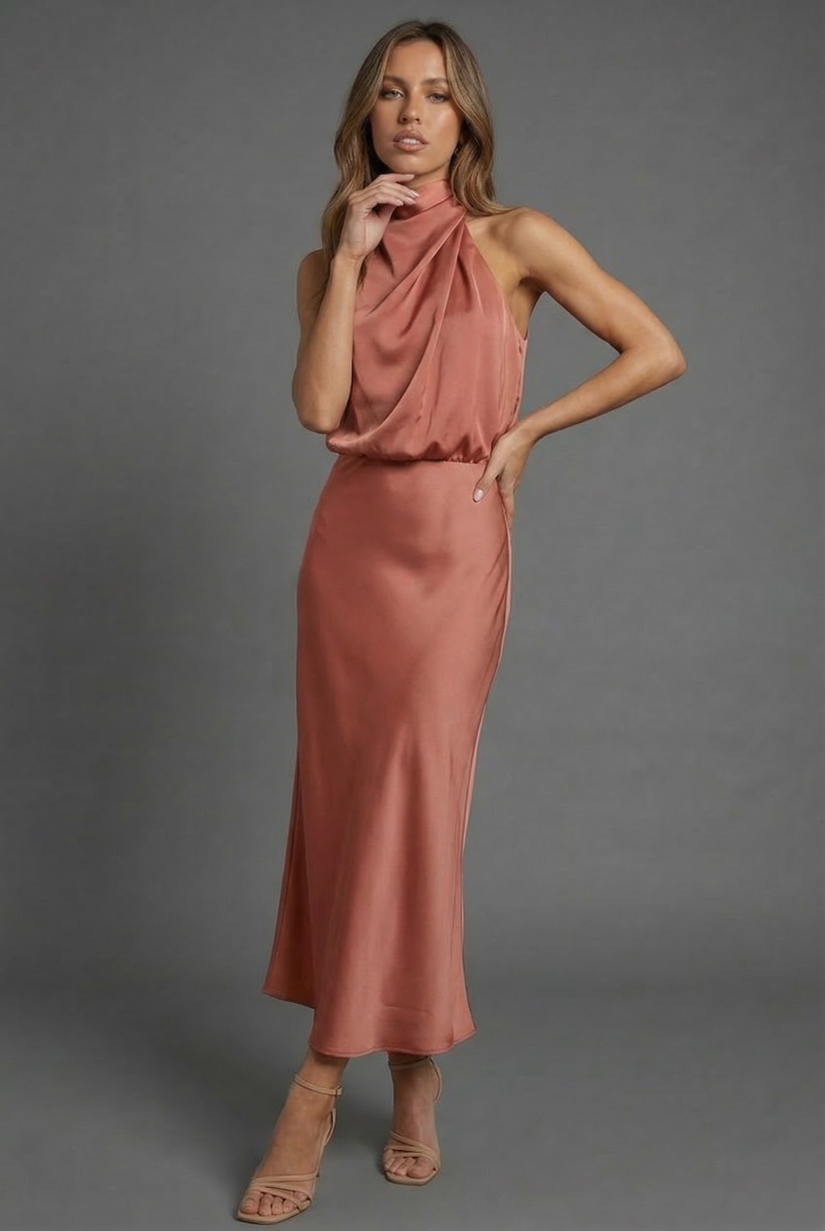 Halterneck Satin Midi Dress