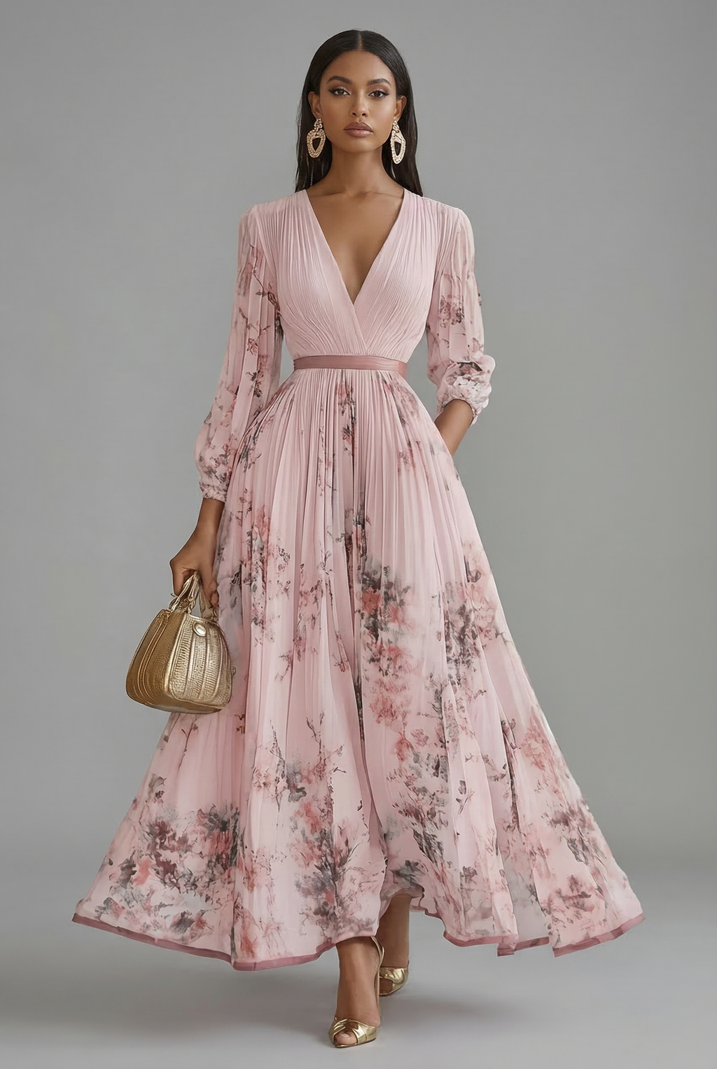 Floral V-Neck Long-Sleeve Maxi Dress