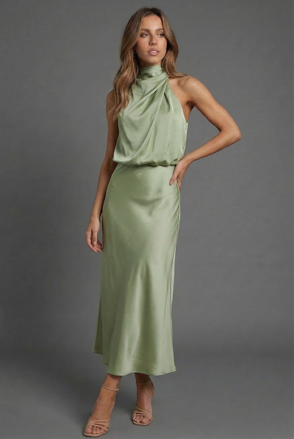 Halterneck Satin Midi Dress