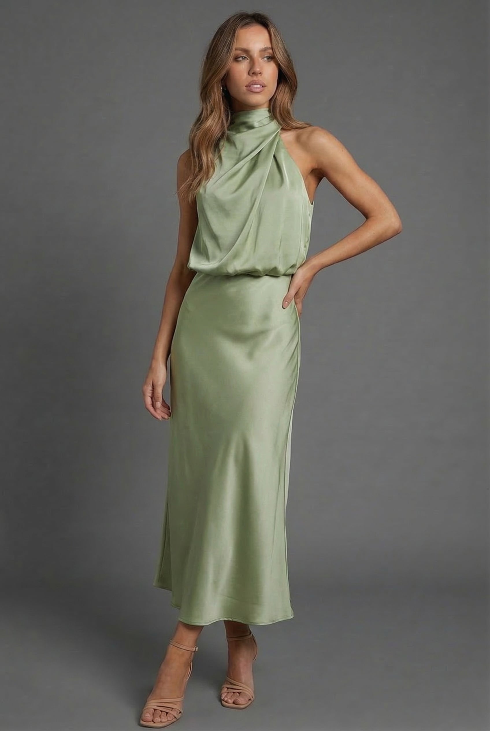 Halterneck Satin Midi Dress