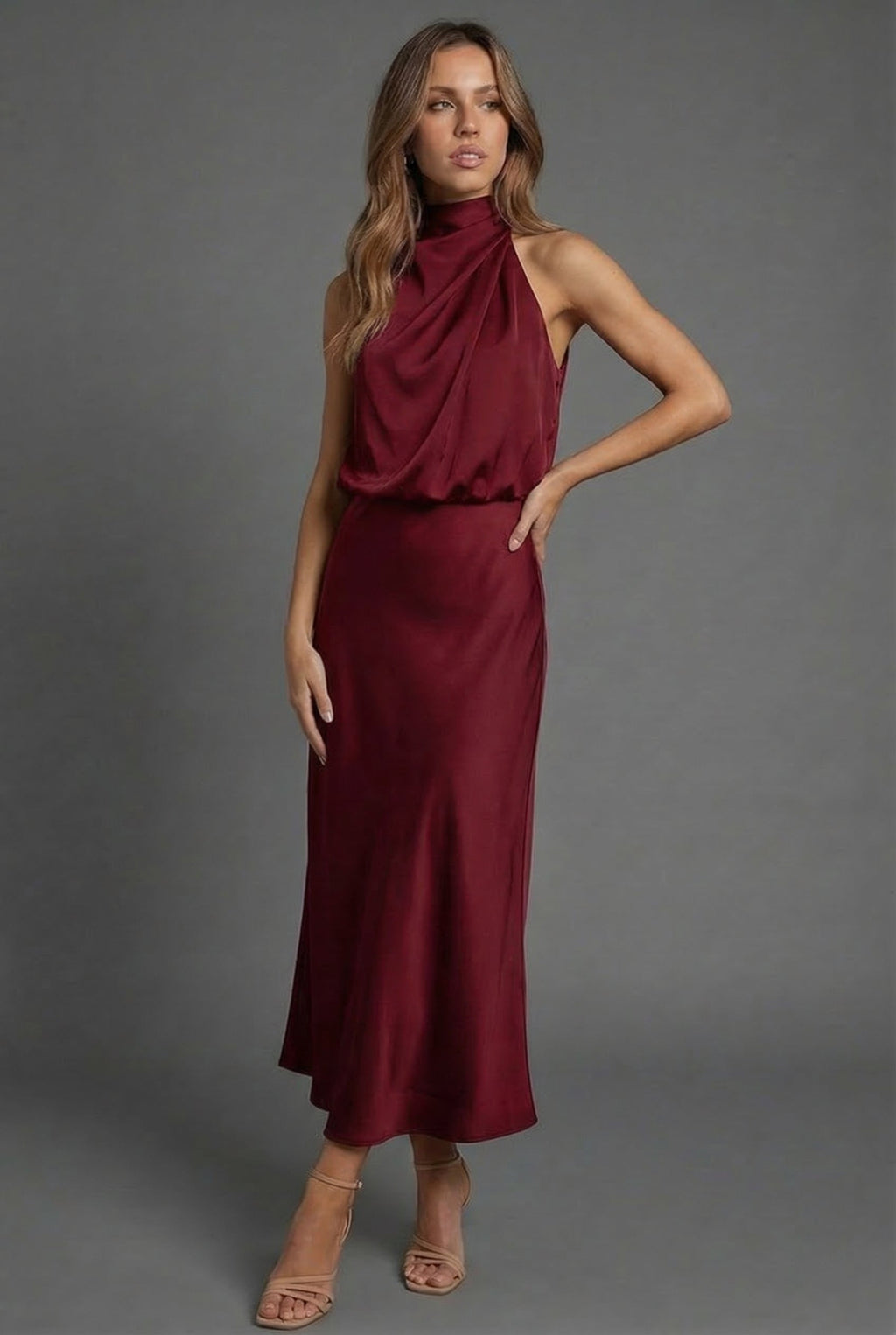 Halterneck Satin Midi Dress