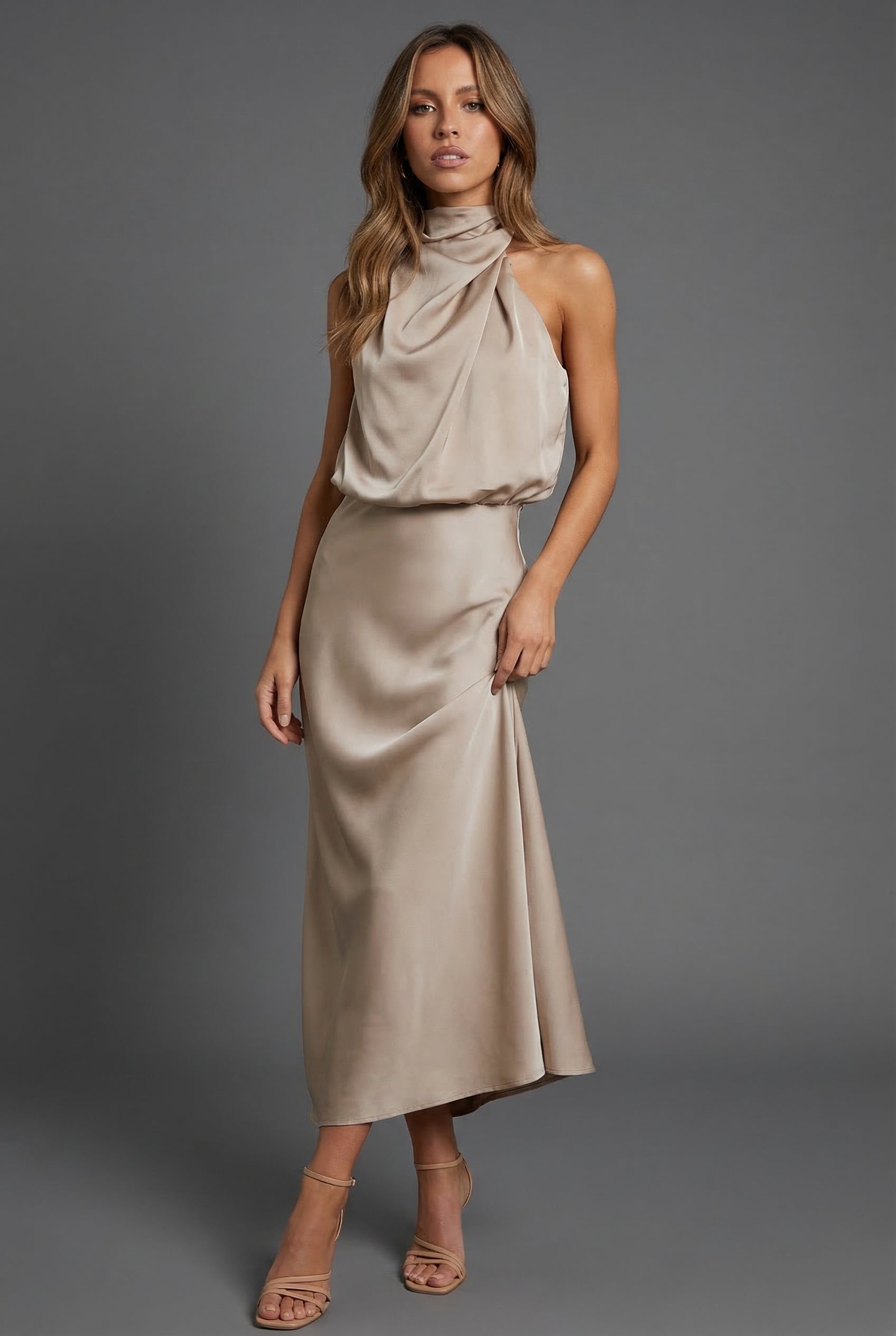 Halterneck Satin Midi Dress