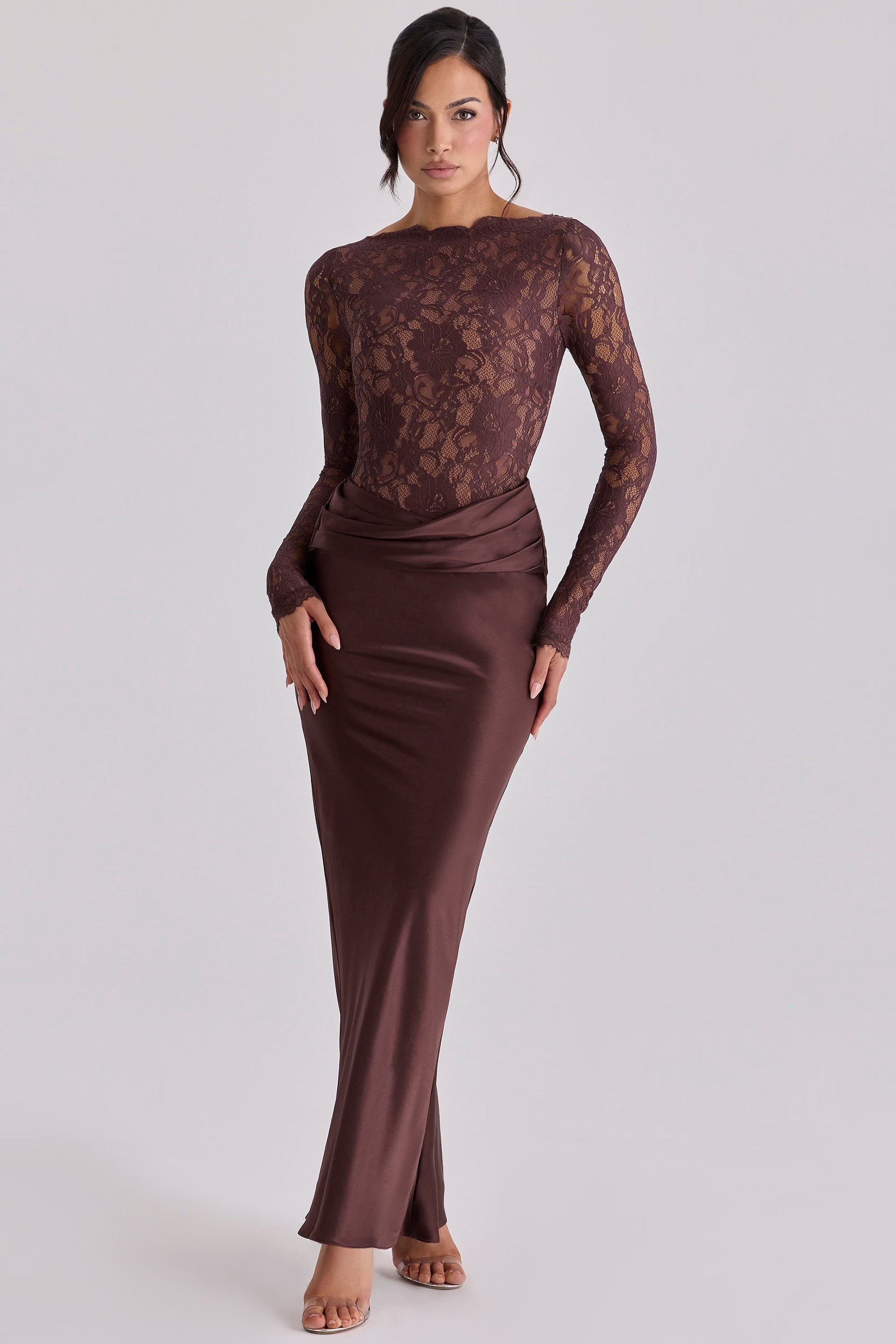 Brown Lace Satin Maxi Dress